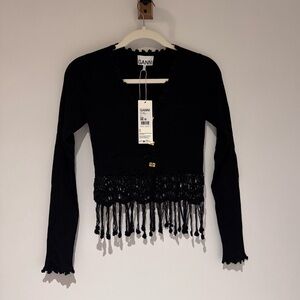 Ganni Black Cardigan with Fringe Detail